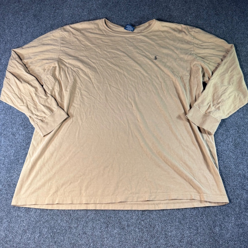 Polo Ralph Lauren Mens 2XL Tan Khaki Long Sleeve Cotton T-Shirt Embroidered Logo